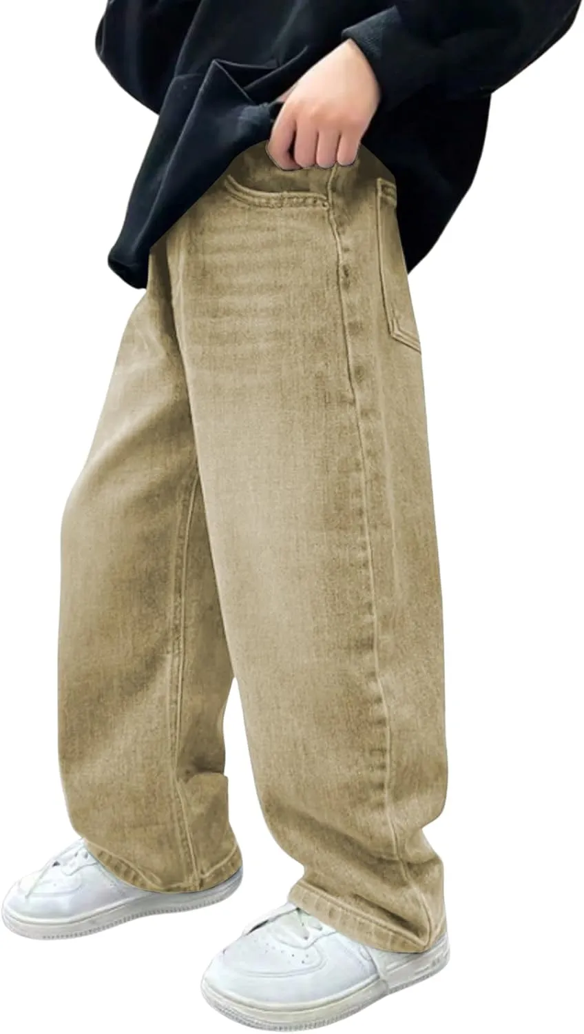 Verdusa Boy's Casual Straight Leg Baggy Jeans Elastic Waist Loose Denim Pants with Pockets