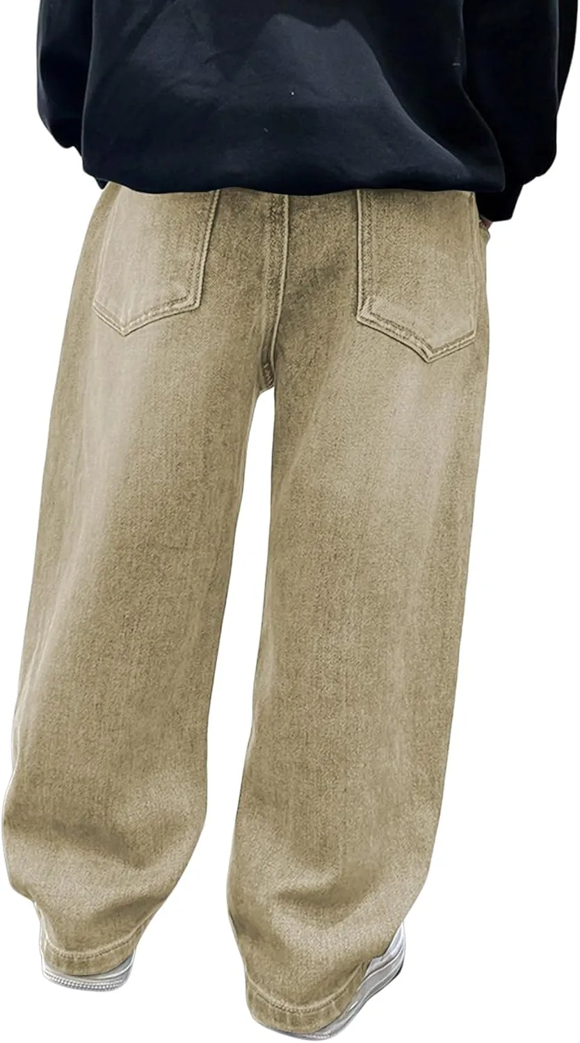 Verdusa Boy's Casual Straight Leg Baggy Jeans Elastic Waist Loose Denim Pants with Pockets