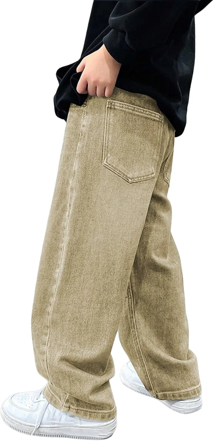 Verdusa Boy's Casual Straight Leg Baggy Jeans Elastic Waist Loose Denim Pants with Pockets