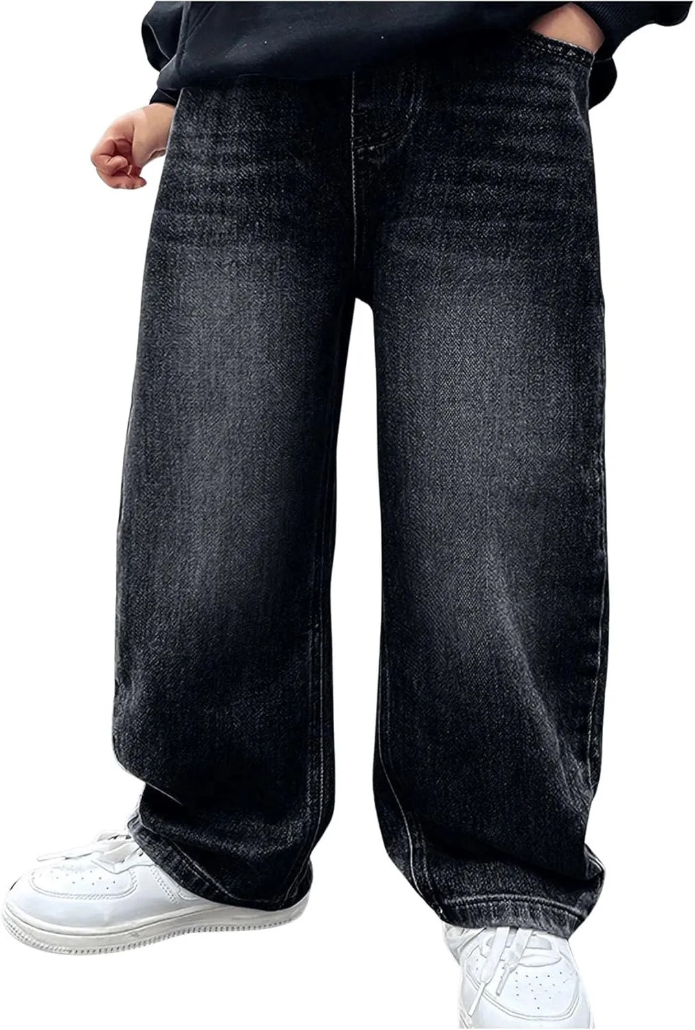 Verdusa Boy's Casual Straight Leg Baggy Jeans Elastic Waist Loose Denim Pants with Pockets