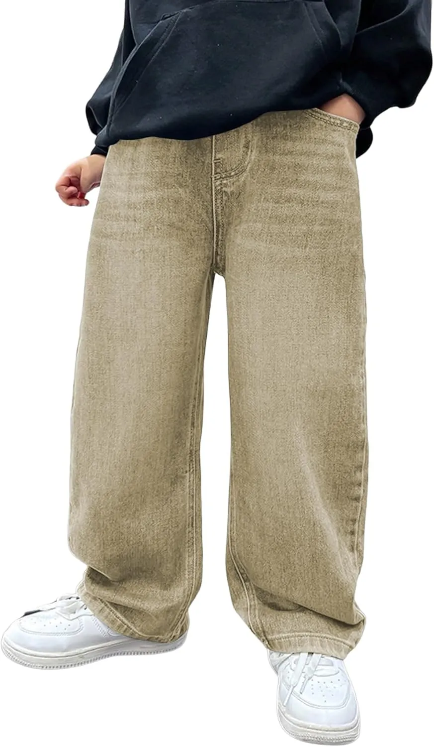 Verdusa Boy's Casual Straight Leg Baggy Jeans Elastic Waist Loose Denim Pants with Pockets