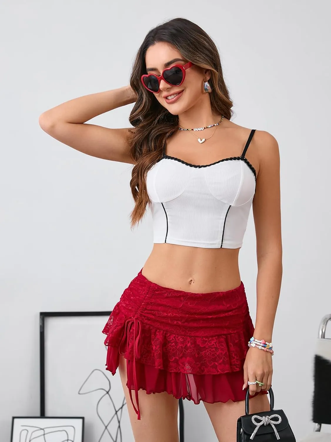 Verdusa Women's Y2k Elastic Waist Lace Mesh Layered Ruffled Mini Skirt Skort