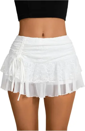 Verdusa Women's Y2k Elastic Waist Lace Mesh Layered Ruffled Mini Skirt Skort