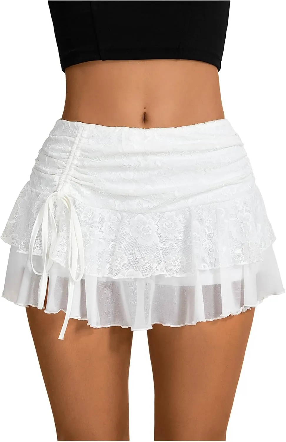 Verdusa Women's Y2k Elastic Waist Lace Mesh Layered Ruffled Mini Skirt Skort