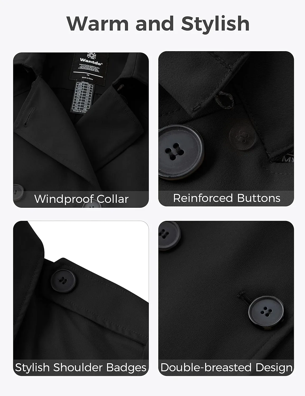 wantdo Women's Plus Size Trench Coat Double-Breasted Waterproof Lapel Overcoat Stylish Pea Coat with Detachable Hood