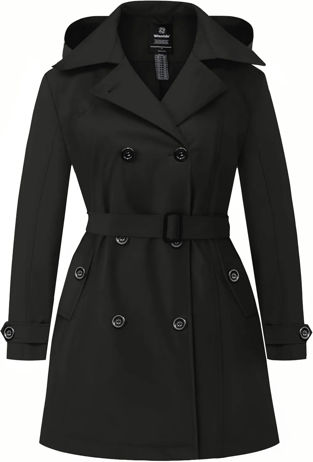 wantdo Women's Plus Size Trench Coat Double-Breasted Waterproof Lapel Overcoat Stylish Pea Coat with Detachable Hood