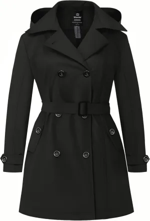 wantdo Women's Plus Size Trench Coat Double-Breasted Waterproof Lapel Overcoat Stylish Pea Coat with Detachable Hood