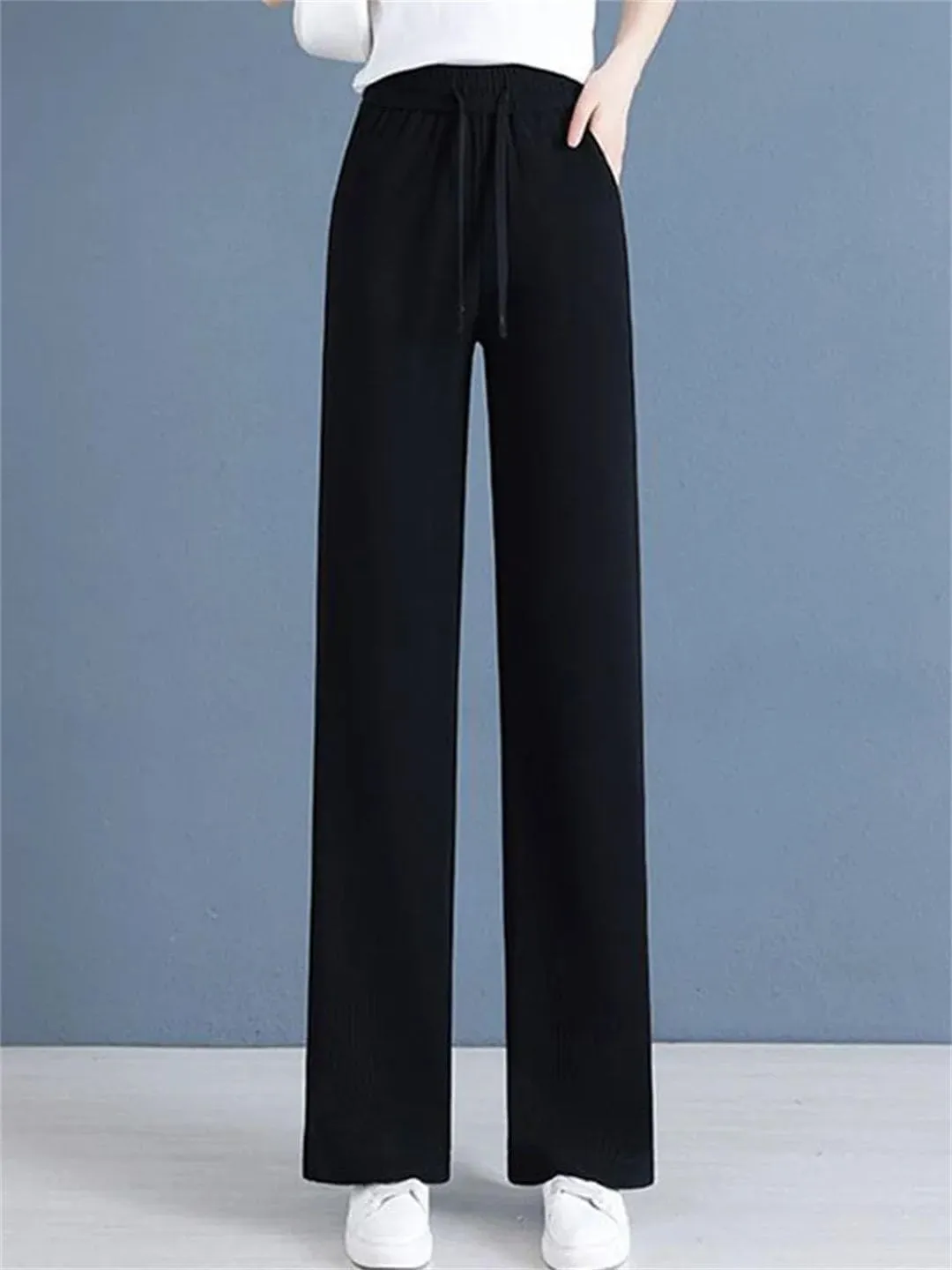 Women Solid Loose Straight Pants Elastic High Waist Wide Leg Sweatpants Lace Up Pants