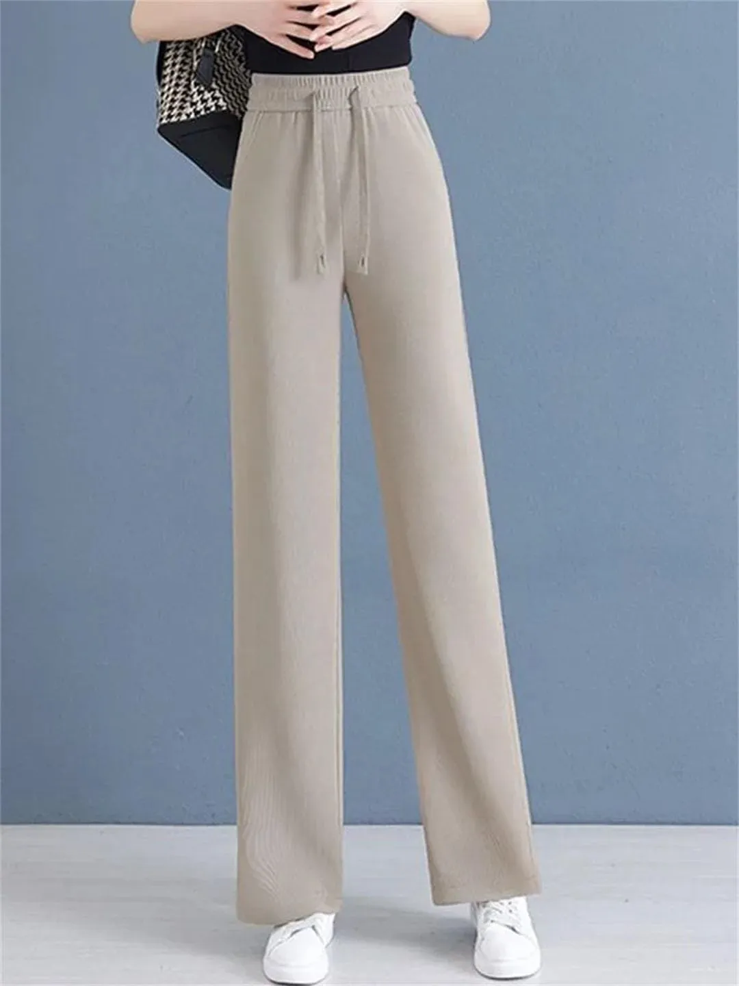 Women Solid Loose Straight Pants Elastic High Waist Wide Leg Sweatpants Lace Up Pants
