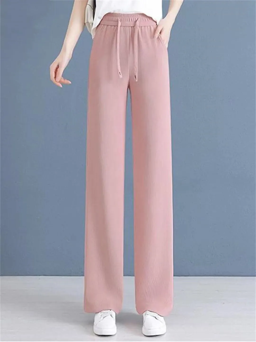 Women Solid Loose Straight Pants Elastic High Waist Wide Leg Sweatpants Lace Up Pants