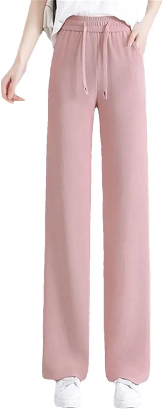 Women Solid Loose Straight Pants Elastic High Waist Wide Leg Sweatpants Lace Up Pants