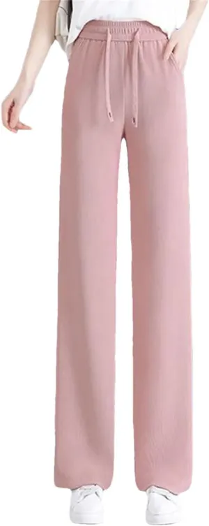 Women Solid Loose Straight Pants Elastic High Waist Wide Leg Sweatpants Lace Up Pants