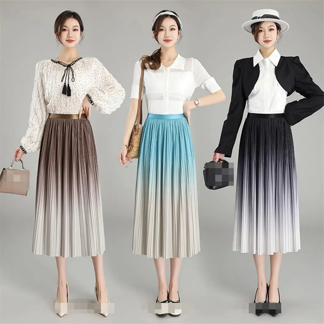 Women Spring Summer Gradual Skirt Black Blue Elastic Waist Midi Pleated Skirts