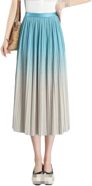 Women Spring Summer Gradual Skirt Black Blue Elastic Waist Midi Pleated Skirts