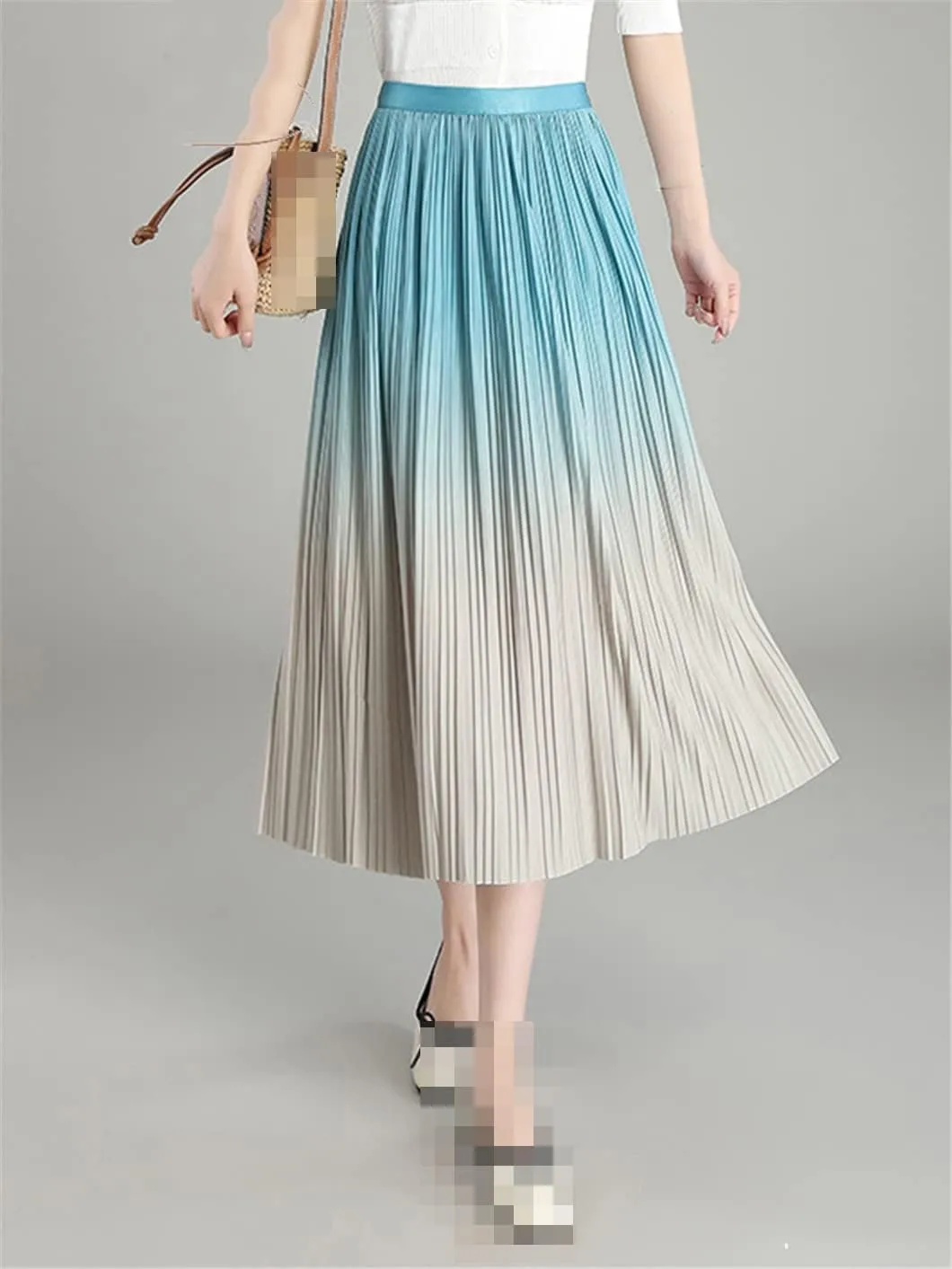 Women Spring Summer Gradual Skirt Black Blue Elastic Waist Midi Pleated Skirts
