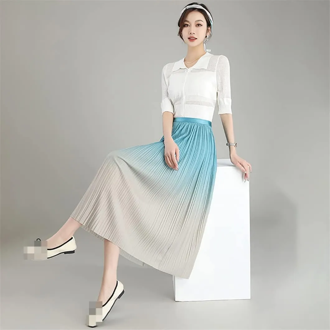 Women Spring Summer Gradual Skirt Black Blue Elastic Waist Midi Pleated Skirts
