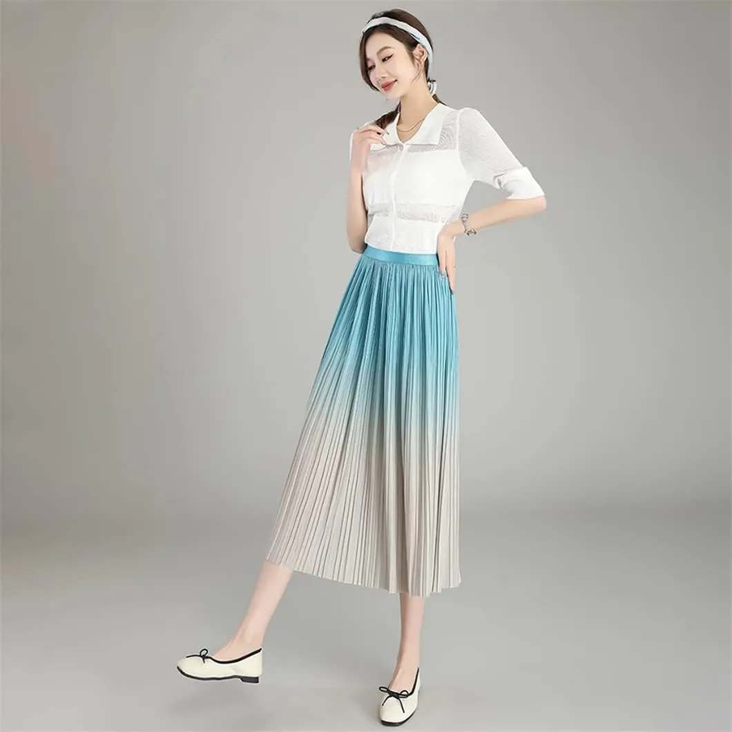 Women Spring Summer Gradual Skirt Black Blue Elastic Waist Midi Pleated Skirts