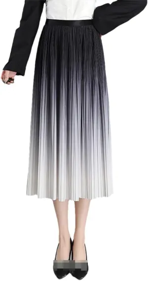 Women Spring Summer Gradual Skirt Black Blue Elastic Waist Midi Pleated Skirts