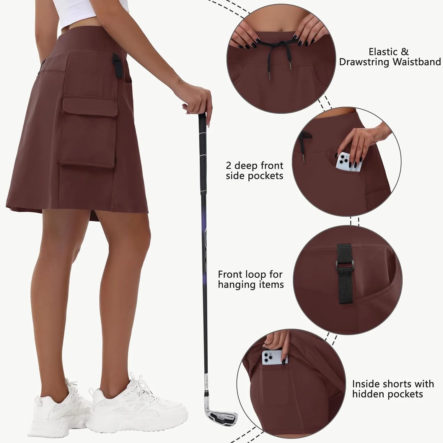 Women's 20" Hiking Cargo Skorts - Knee Length High Waisted Golf Travel Casual Dressy Long Skirt Shorts Quick Dry UPF50