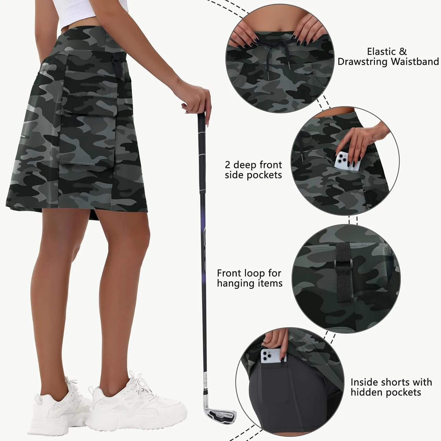 Women's 20" Hiking Cargo Skorts - Knee Length High Waisted Golf Travel Casual Dressy Long Skirt Shorts Quick Dry UPF50
