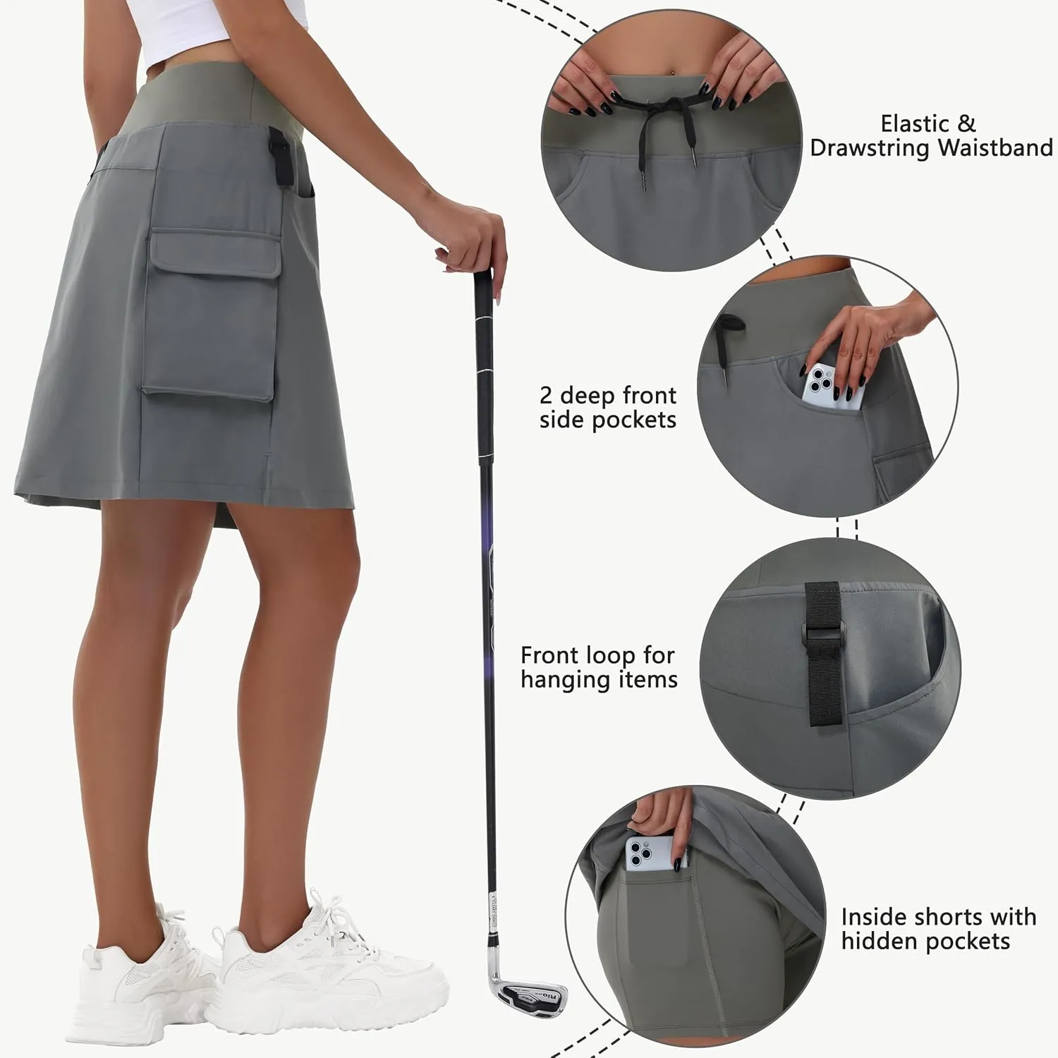 Women's 20" Hiking Cargo Skorts - Knee Length High Waisted Golf Travel Casual Dressy Long Skirt Shorts Quick Dry UPF50