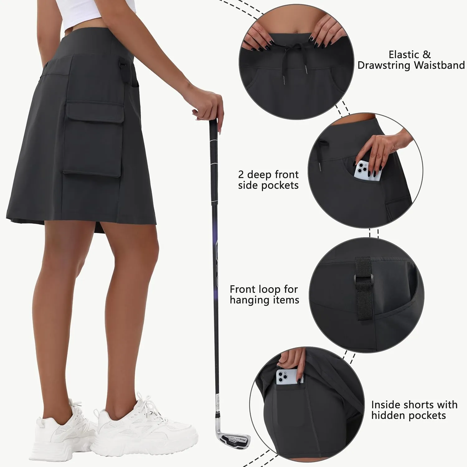 Women's 20" Hiking Cargo Skorts - Knee Length High Waisted Golf Travel Casual Dressy Long Skirt Shorts Quick Dry UPF50