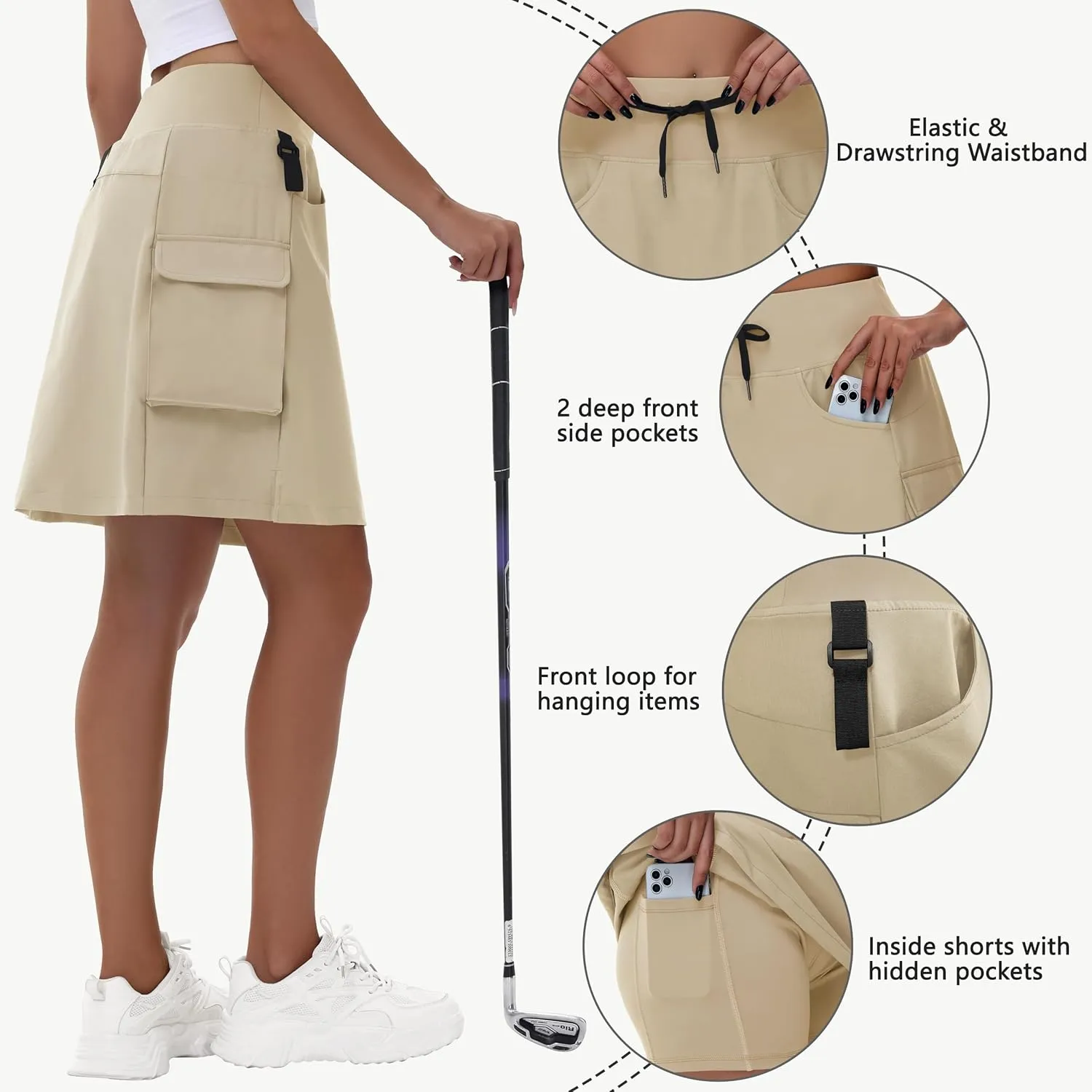 Women's 20" Hiking Cargo Skorts - Knee Length High Waisted Golf Travel Casual Dressy Long Skirt Shorts Quick Dry UPF50