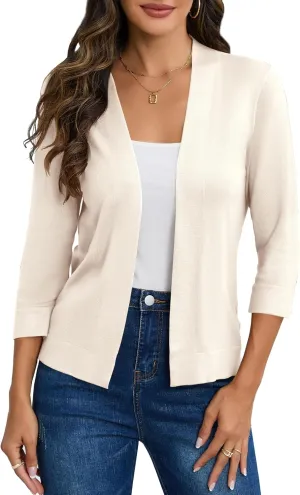 Women's 3/4 Sleeve Cropped Cardigan Sweater Open Front Short Shrugs Cardigans Lightweight Sweaters Tops