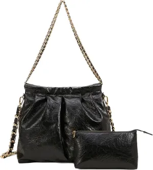 Women's Black Oil Wax Leather Drawstring Mother Water Bucket Bag Handbag Multi functional Crossbody Bag