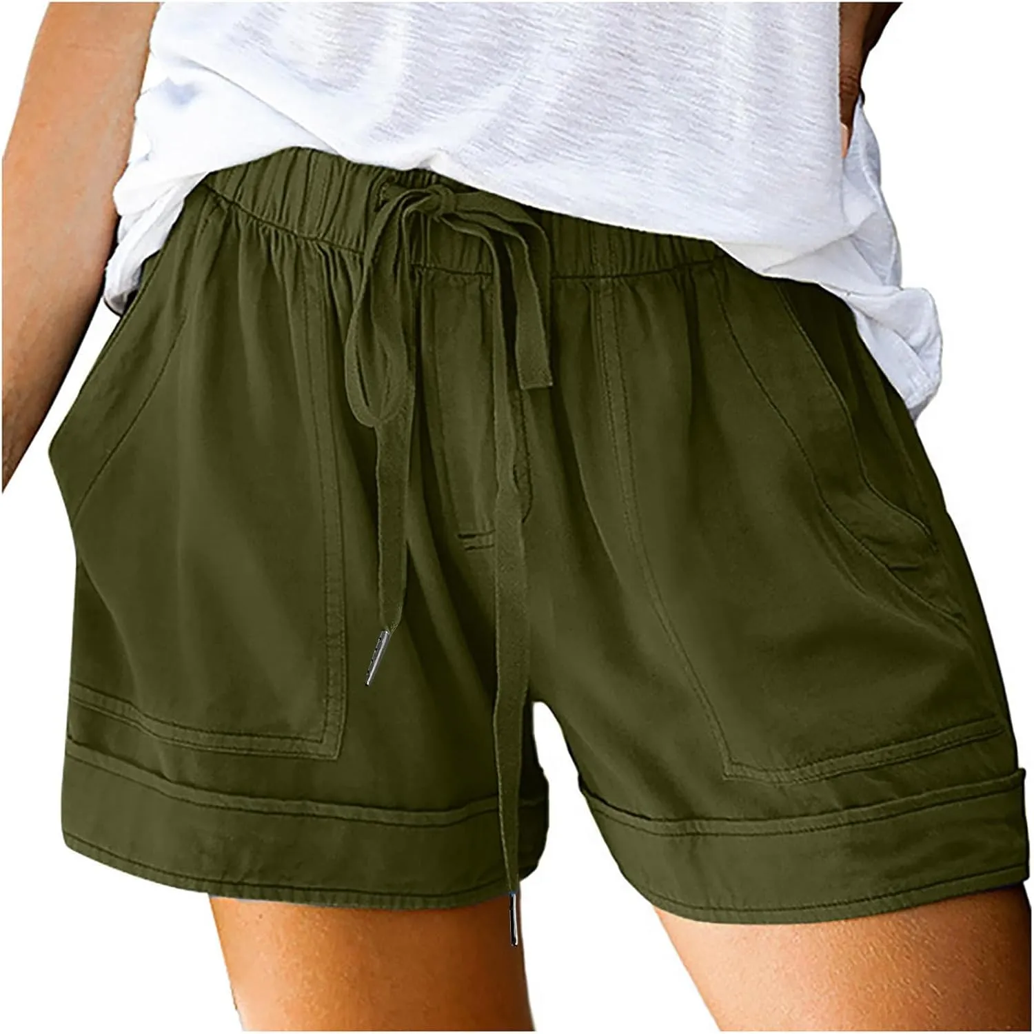 Womens Cotton Shorts 2025 Summer Plus Size Elastic Waist Drawstring Short Pants with Pockets Beach Trendy Clothes