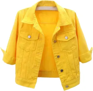 Womens Cropped Denim Jacket 3/4 Sleeve Plus Size Jean Jacket Lightweight Retro Coats