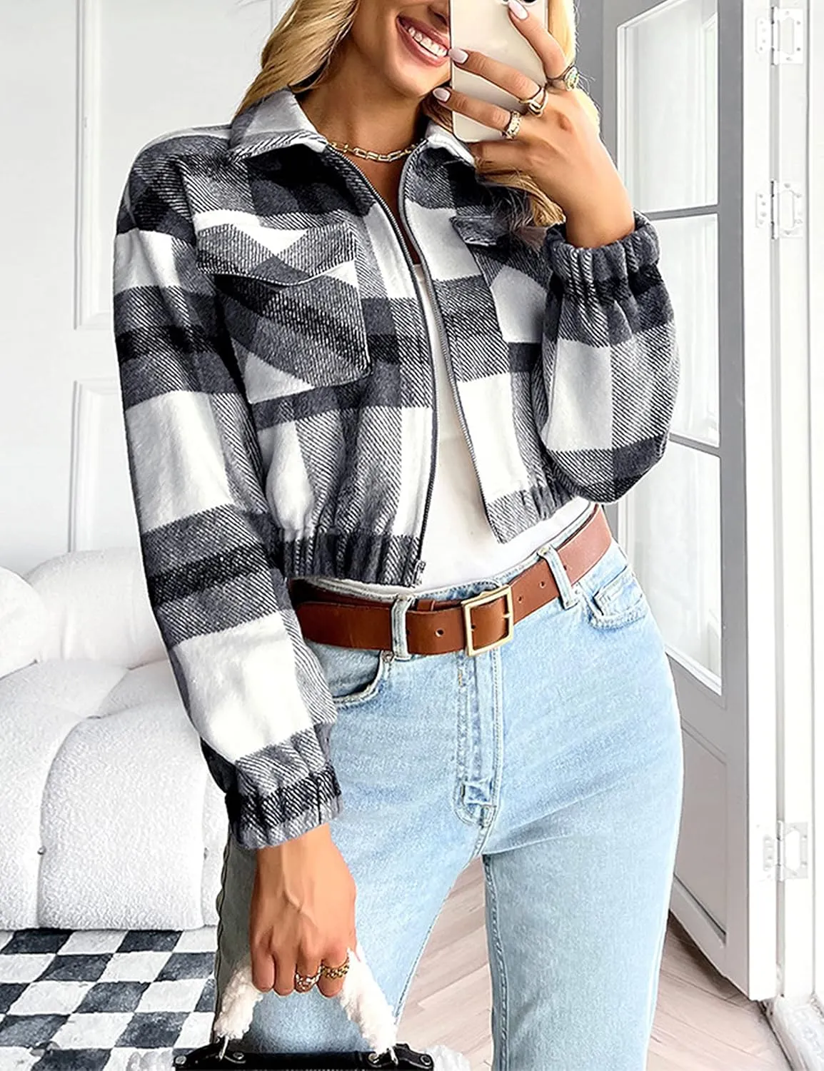 Womens Cropped Flannel Plaid Shacket Zip Up Shirts Jackets with Pockets