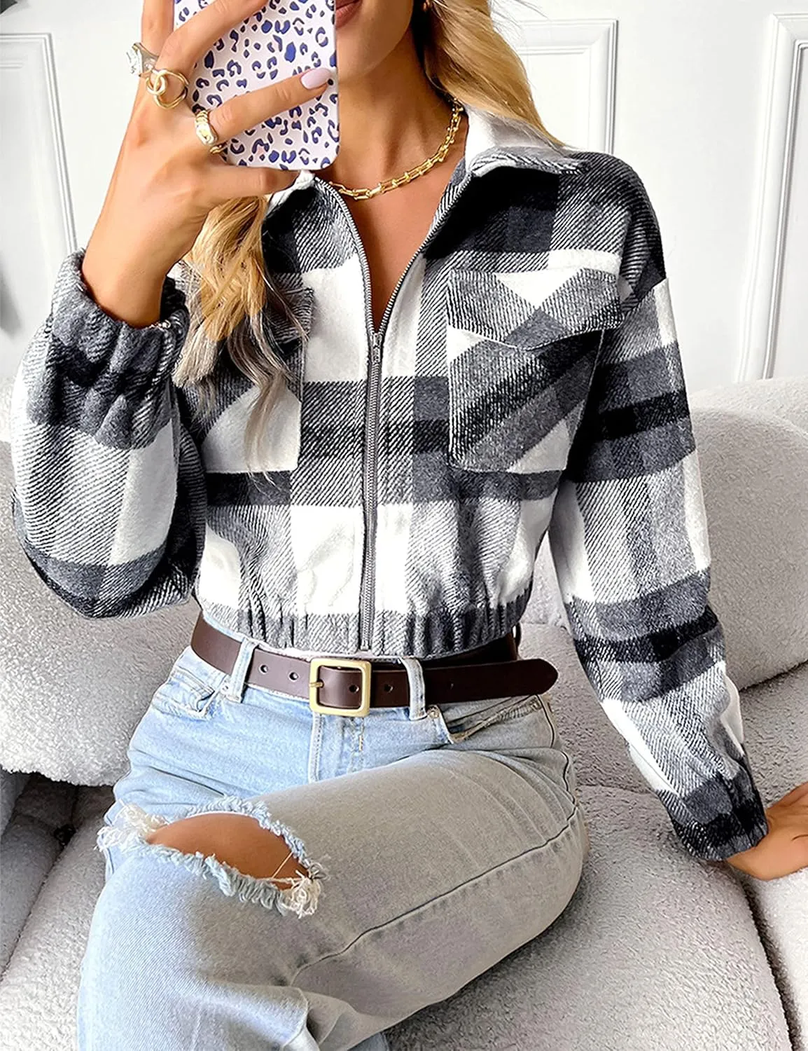 Womens Cropped Flannel Plaid Shacket Zip Up Shirts Jackets with Pockets