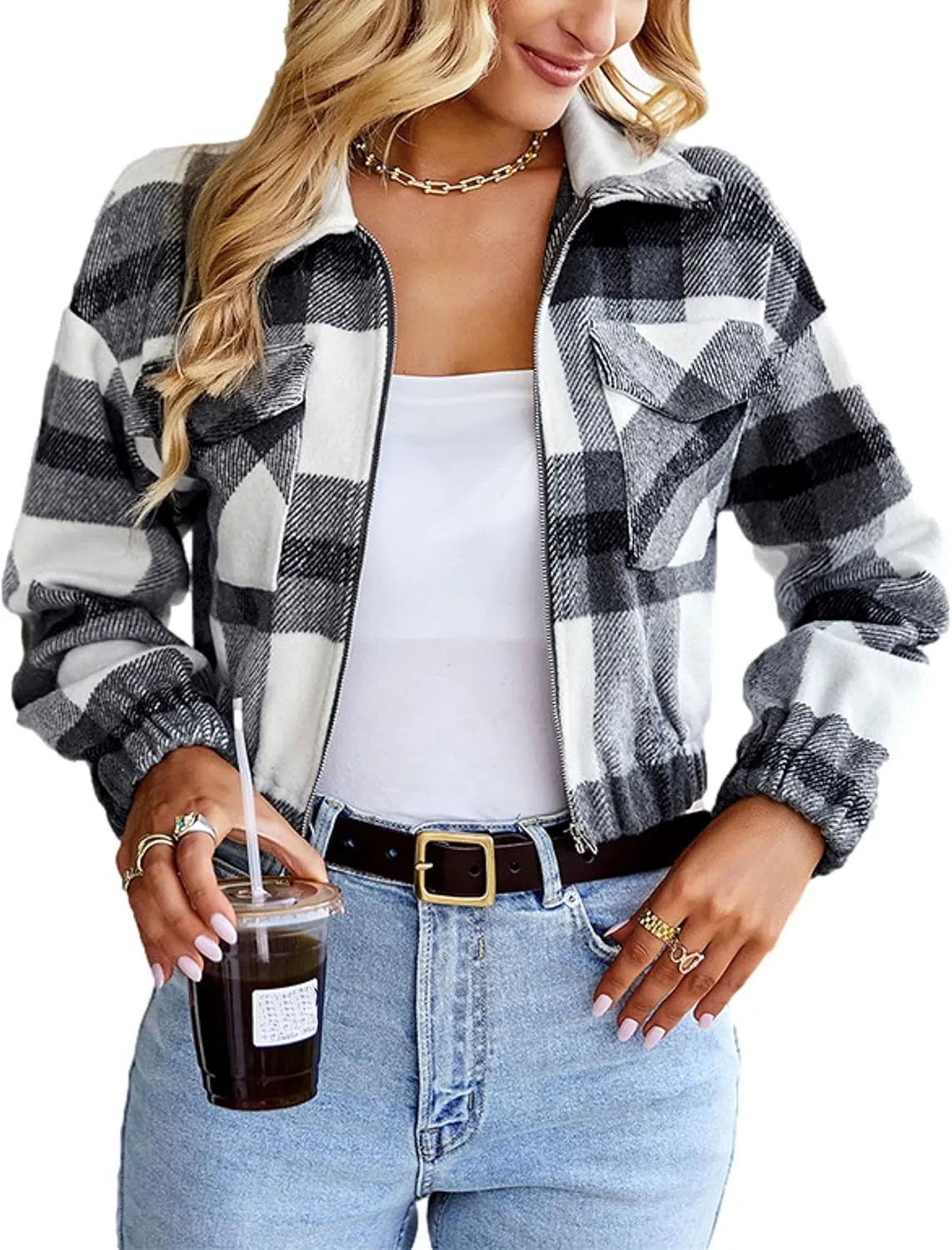 Womens Cropped Flannel Plaid Shacket Zip Up Shirts Jackets with Pockets