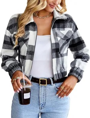 Womens Cropped Flannel Plaid Shacket Zip Up Shirts Jackets with Pockets
