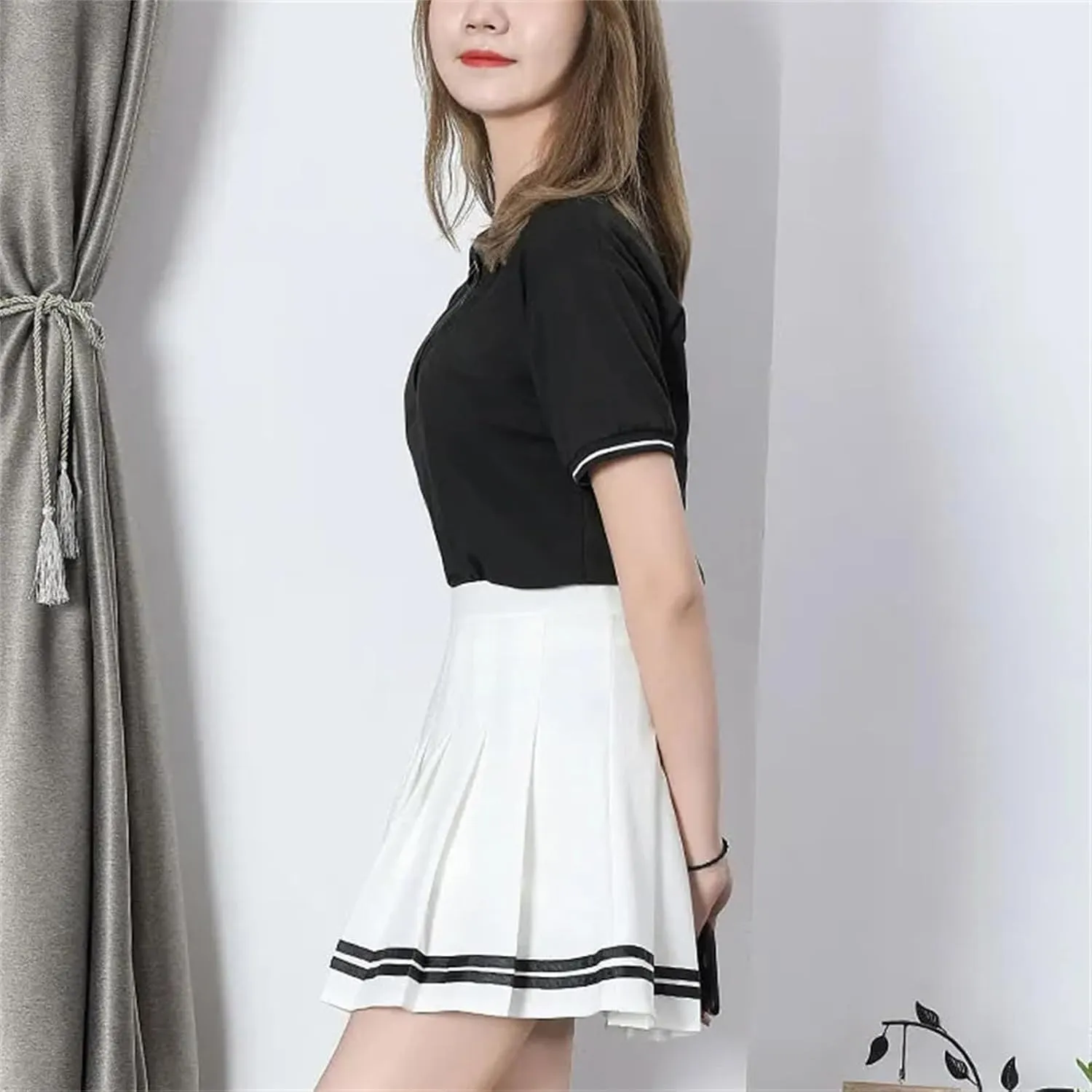 Women's High Waist Pleated Skirts Striped Elastic Waist Female Mini Dance Tennis Skirt