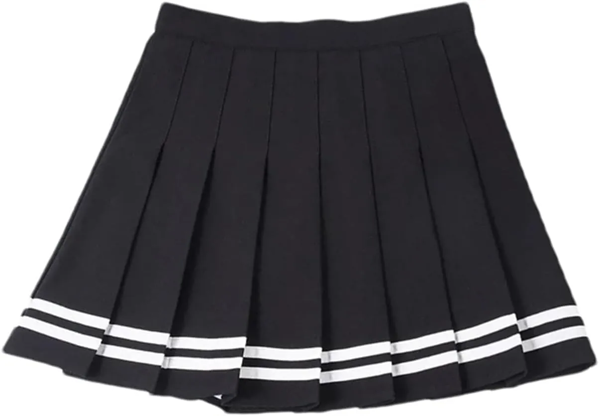 Women's High Waist Pleated Skirts Striped Elastic Waist Female Mini Dance Tennis Skirt