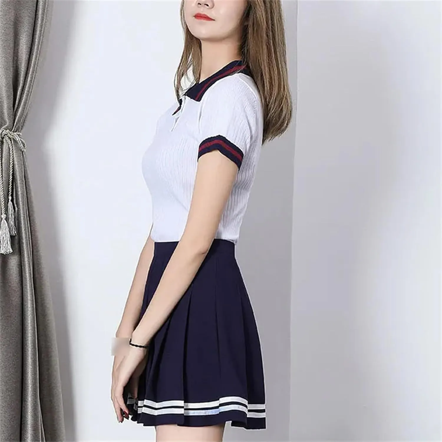 Women's High Waist Pleated Skirts Striped Elastic Waist Female Mini Dance Tennis Skirt