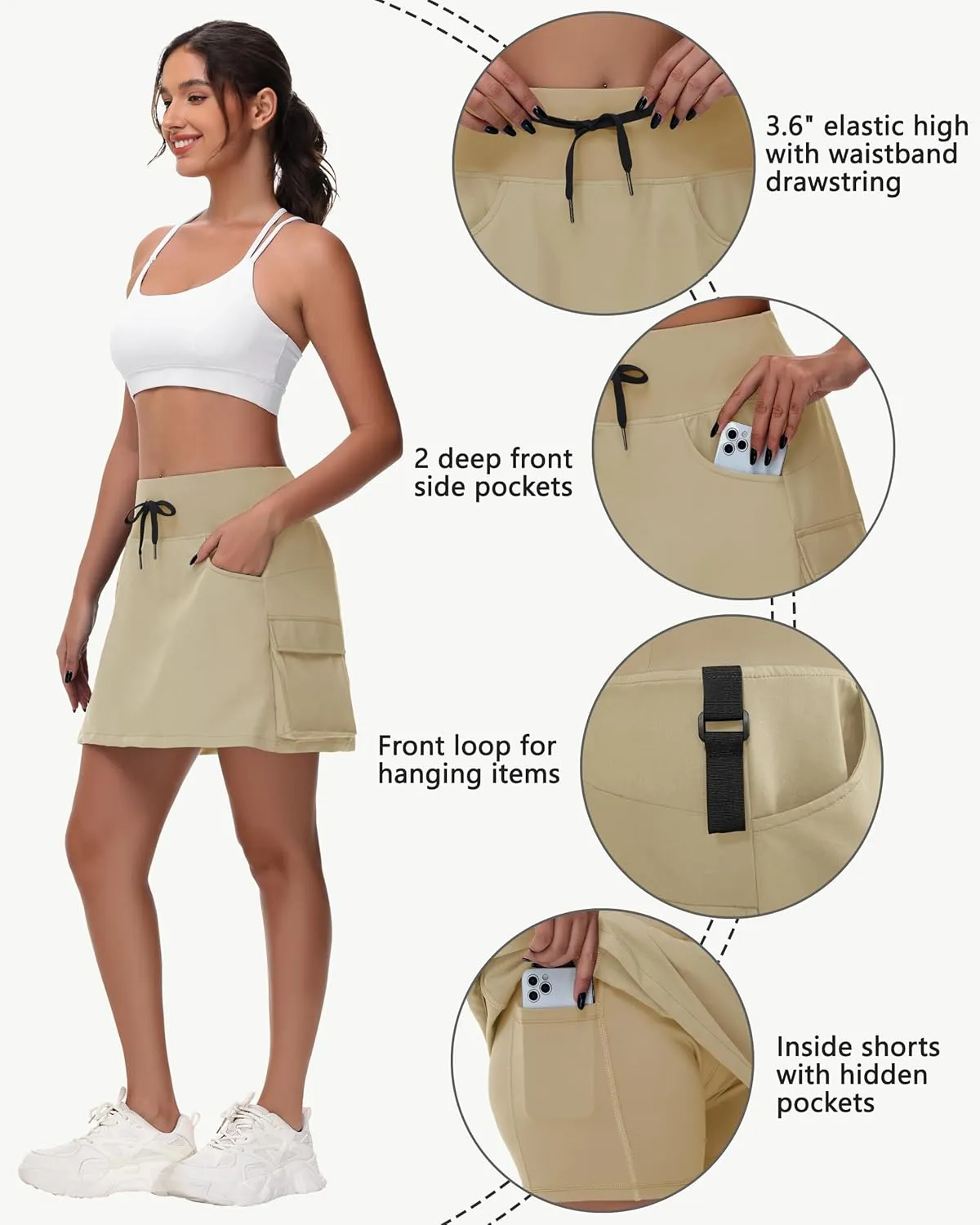 Women's Hiking Cargo Skort Skirt - High Waisted Golf Dressy Casual Workout Sport Skirt with Liner Quick Dry UPF50