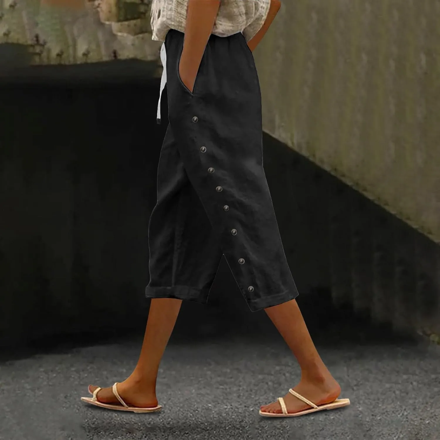 Women's Linen Summer Palazzo Pants Linen Elastic Seven Pants Beach Casual Pants Linen Loose Drawstring Elastic Waist