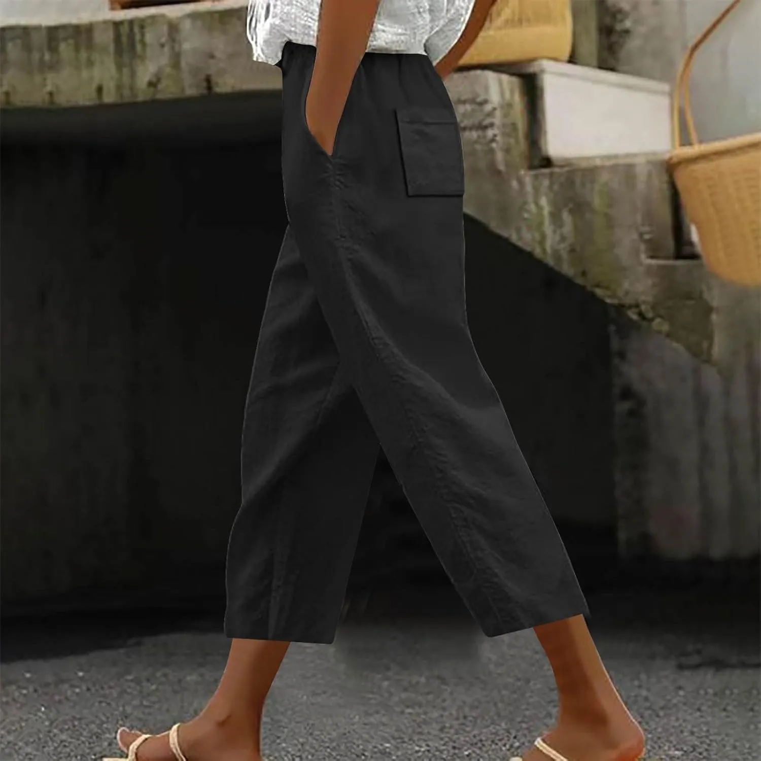 Women's Linen Summer Palazzo Pants Linen Elastic Seven Pants Beach Casual Pants Linen Loose Drawstring Elastic Waist
