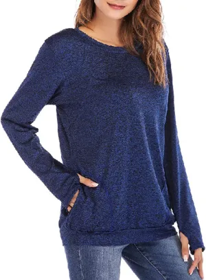 Womens Long Sleeve Round Neck Blouse With Pocket Quick-Dry Gym T Shirt For Legging Pullover Thumb Holes Tunic Tops