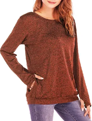 Womens Long Sleeve Round Neck Blouse With Pocket Quick-Dry Gym T Shirt For Legging Pullover Thumb Holes Tunic Tops