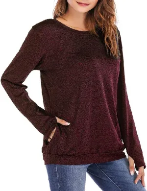 Womens Long Sleeve Round Neck Blouse With Pocket Quick-Dry Gym T Shirt For Legging Pullover Thumb Holes Tunic Tops