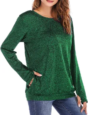 Womens Long Sleeve Round Neck Blouse With Pocket Quick-Dry Gym T Shirt For Legging Pullover Thumb Holes Tunic Tops