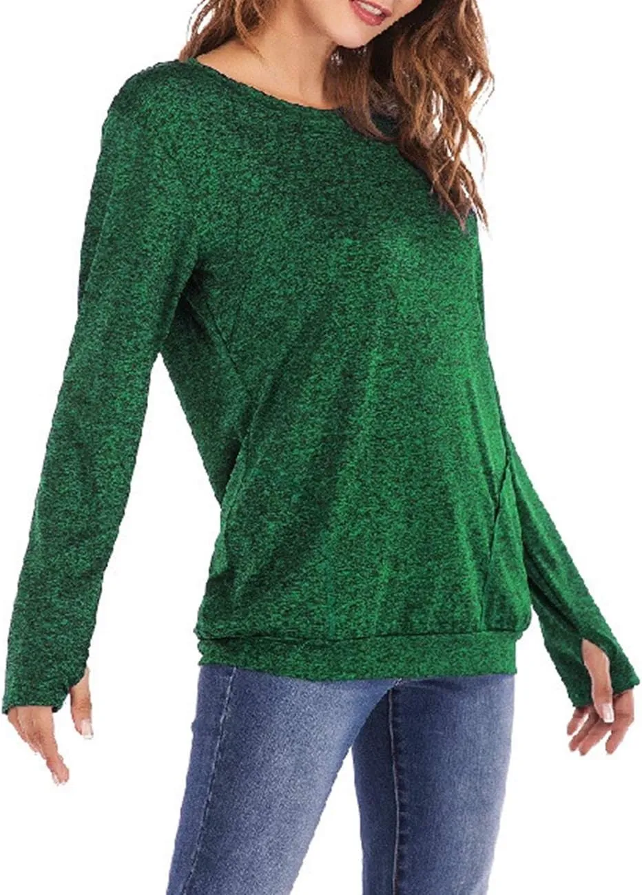 Womens Long Sleeve Round Neck Blouse With Pocket Quick-Dry Gym T Shirt For Legging Pullover Thumb Holes Tunic Tops