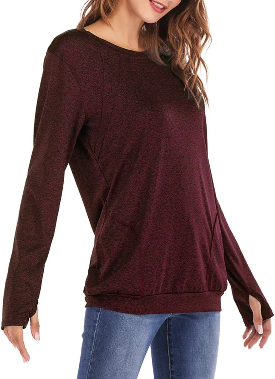 Womens Long Sleeve Round Neck Blouse With Pocket Quick-Dry Gym T Shirt For Legging Pullover Thumb Holes Tunic Tops