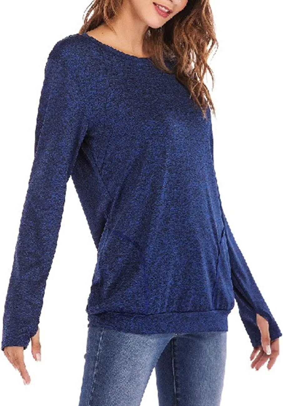 Womens Long Sleeve Round Neck Blouse With Pocket Quick-Dry Gym T Shirt For Legging Pullover Thumb Holes Tunic Tops