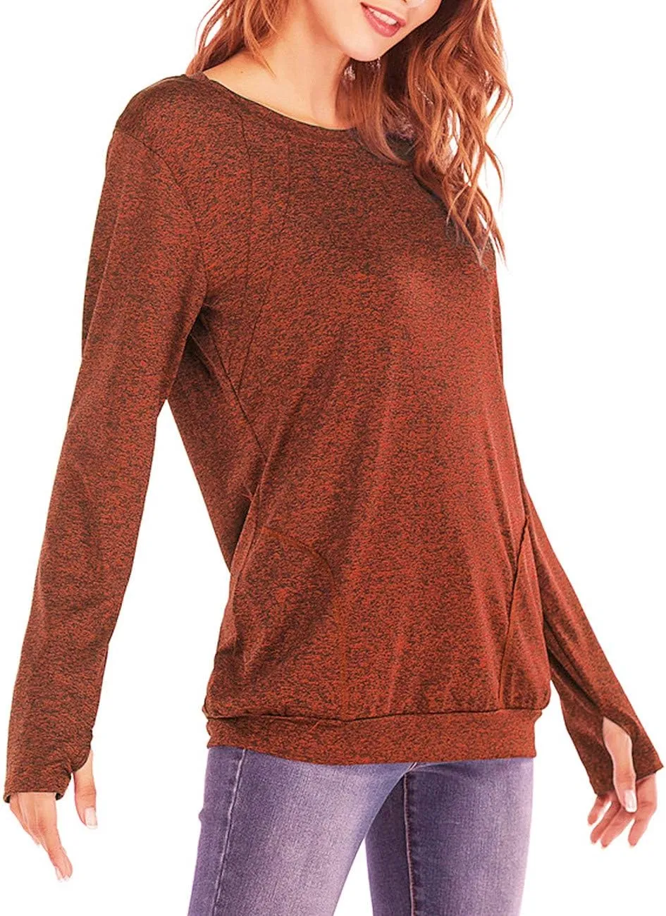 Womens Long Sleeve Round Neck Blouse With Pocket Quick-Dry Gym T Shirt For Legging Pullover Thumb Holes Tunic Tops