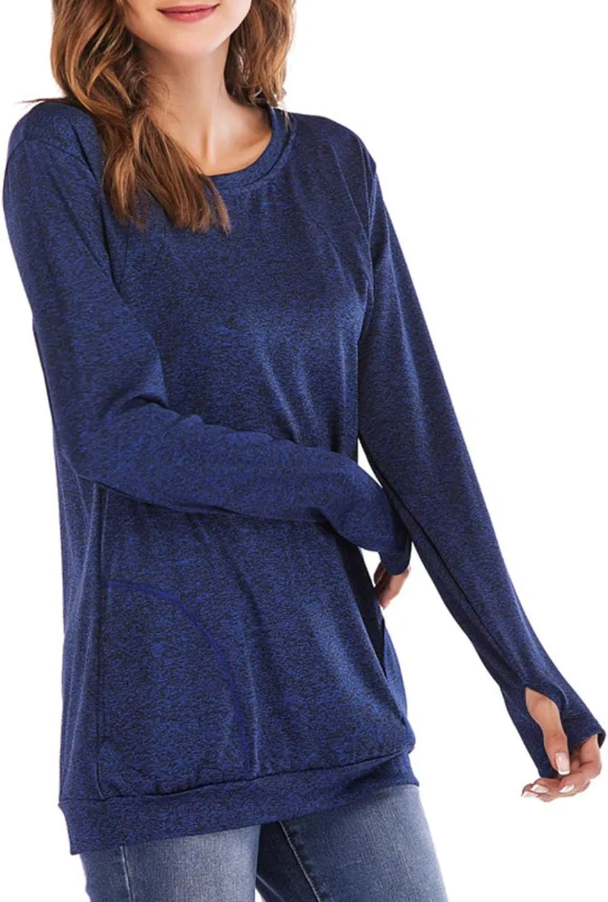 Womens Long Sleeve Round Neck Blouse With Pocket Quick-Dry Gym T Shirt For Legging Pullover Thumb Holes Tunic Tops